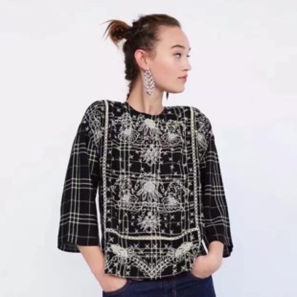 Zara Tops - Zara Embroidered Plaid Top Sz M